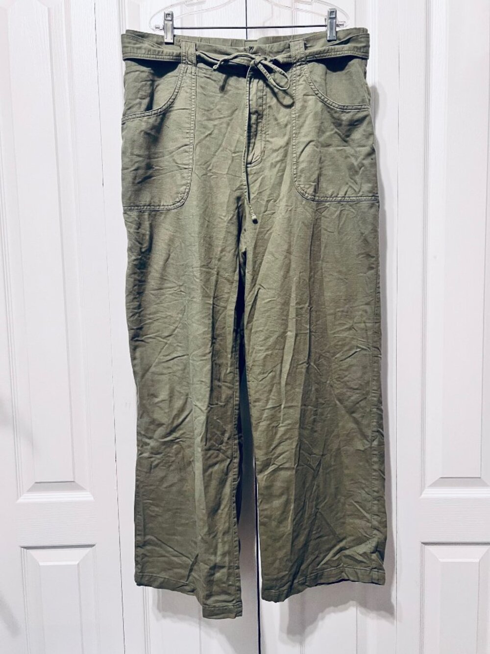Lauren Conrad Women's Cotton Mix Belted Pocketed Pants-Sz. 14-Army Green-Casual